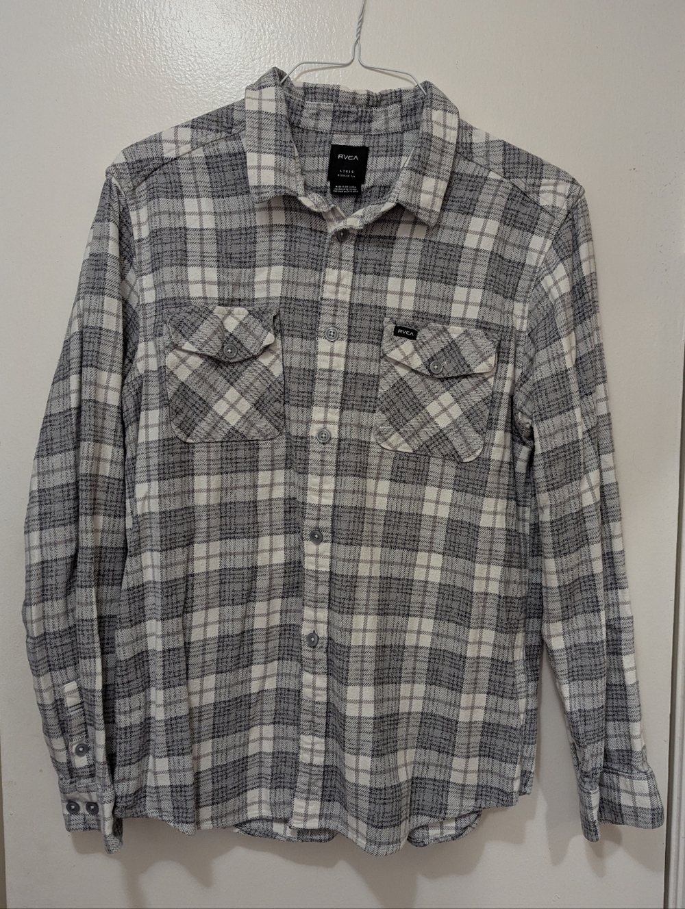RVCA Men’s Gray and White Plaid Button-Up Shirt Large